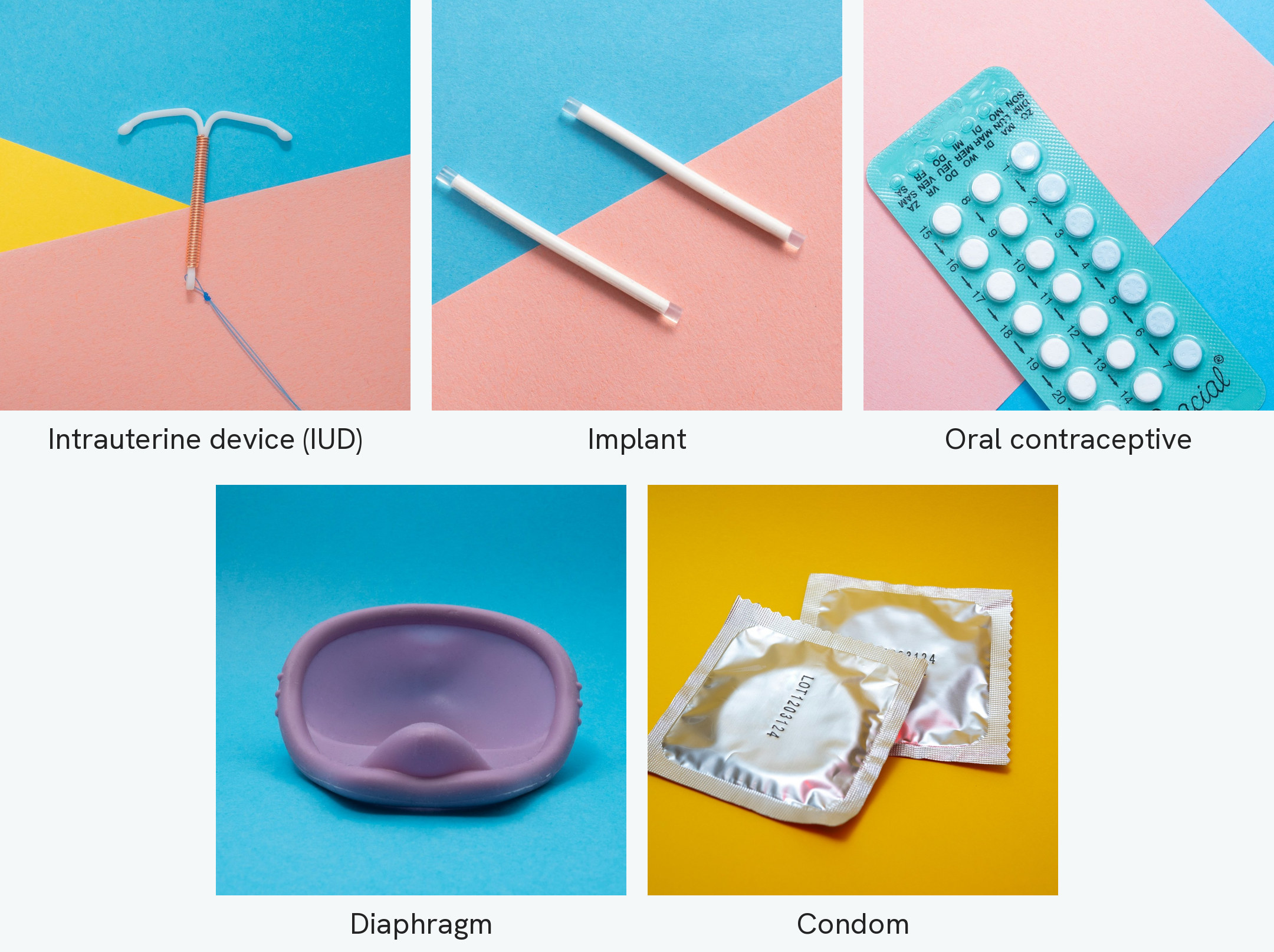 Photographs of five methods of contraception, three above and two below. The intrauterine device is a small plastic T wound with copper wire, with two fine threads hanging from its stem. The implant is a pair of thin plastic rods about the size of a matchstick. The oral contraceptive is a blister pack of pills marked with the days of the month. The diaphragm is a shallow flexible dome. The condom is shown in its sealed foil wrapper
