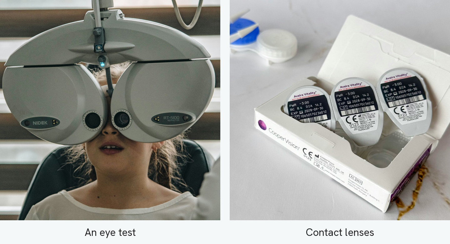Two photographs side by side. On the left a child sits at an eye test with a phoropter over their eyes, the instrument that holds different lenses in front of each eye in turn. On the right an opened box of daily contact lenses, each sealed in its own foil packet printed with the power of the lens