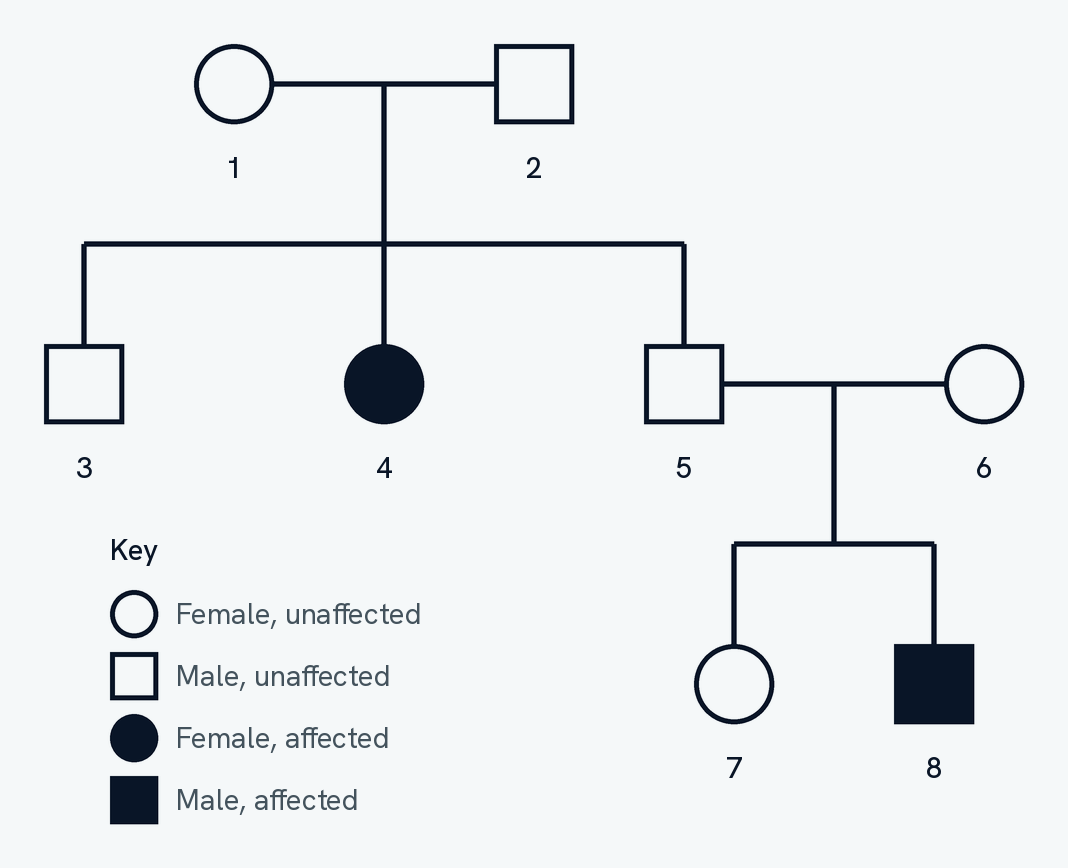 A family tree over three generations. Circles are female and squares are male, and a filled shape means the person has the disorder. An unaffected couple, 1 and 2, have three children, of whom the daughter 4 is affected. Their son 5 and his unaffected partner 6 have two children, of whom the son 8 is affected. A key below the chart gives the four symbols